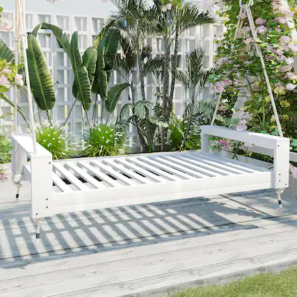 Front. APRILSOUL - Swing Bed Seating Group Patio Acacia Wood Swing Frame for Garden Backyard White - White.