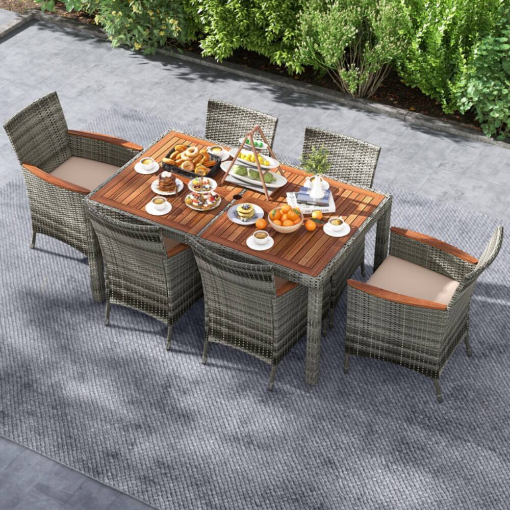 Angle. Mondawe - 7 Pieces Patio Acacia Wood Cushioned PE Rattan Wicker Dining Set - grey, natural.
