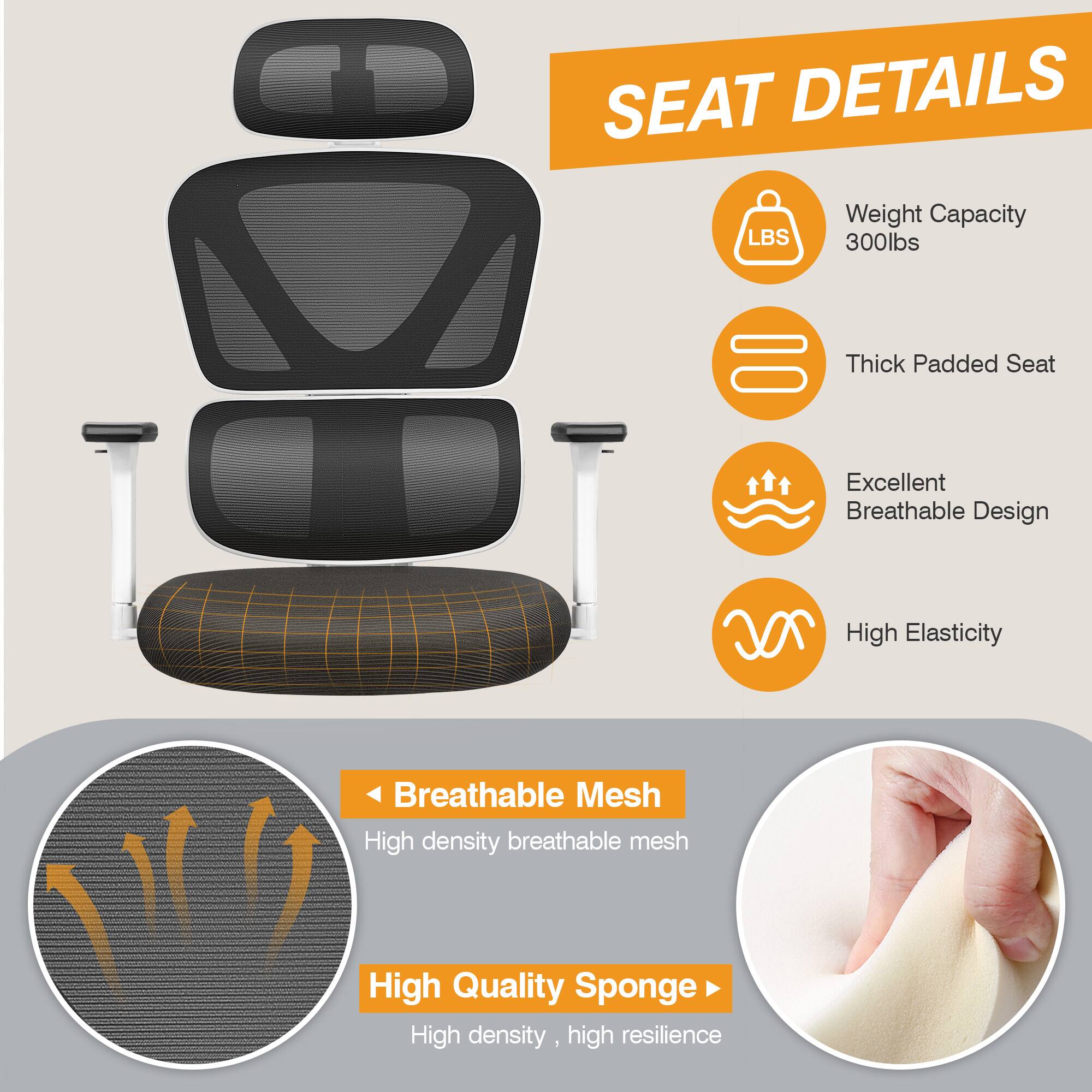 SEAT DETAILS

- Weight Capacity: 300lbs
- Thick Padded Seat
- Excellent Breathable Design
- High Elasticity

Breathable Mesh
- High density breathable mesh

High Quality Sponge
- High density, high resilience