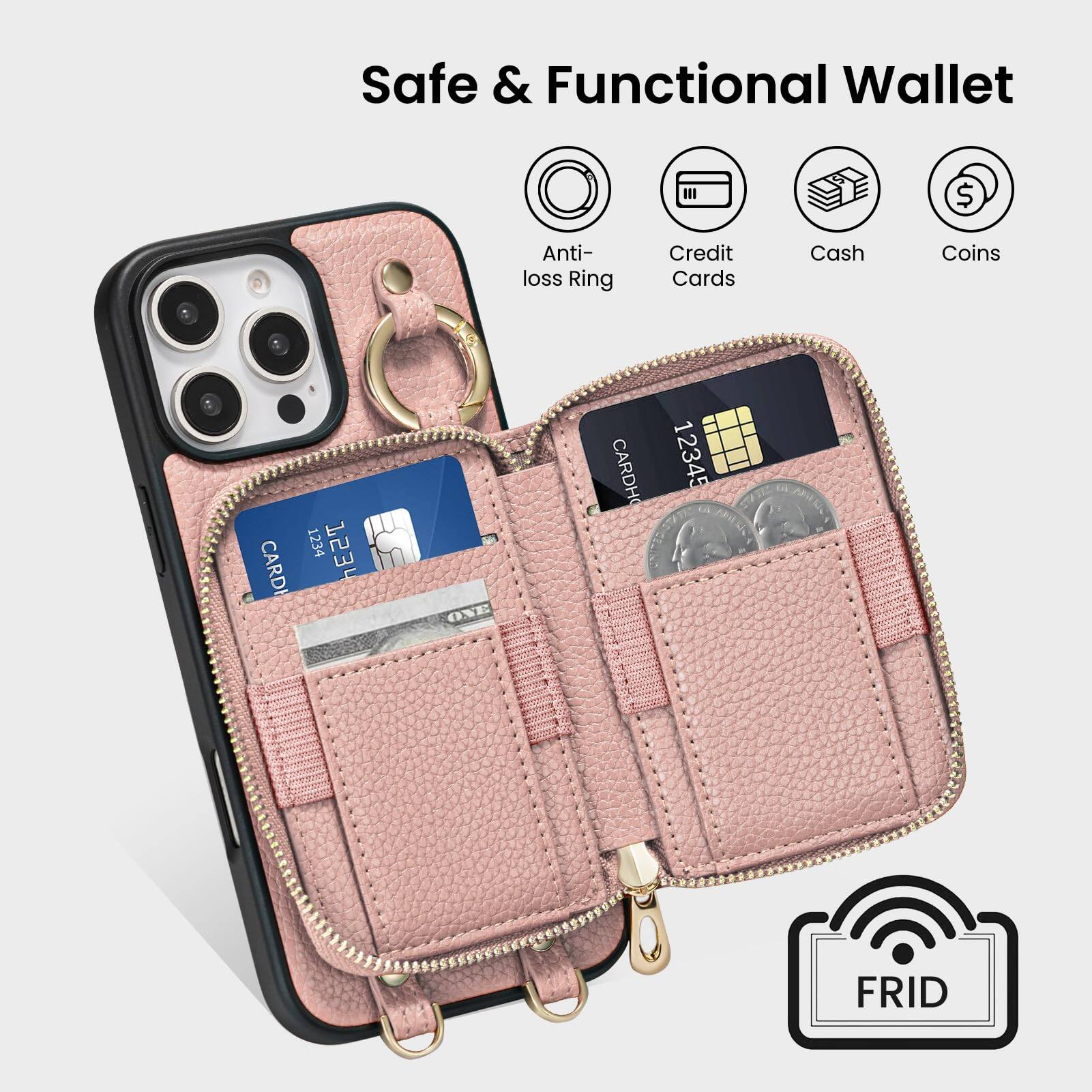 Safe & Functional Wallet  
Anti-loss Ring  
Credit Cards  
Cash  
Coins  

CARD ONE  
1234 5678 9012 3456  
FRID