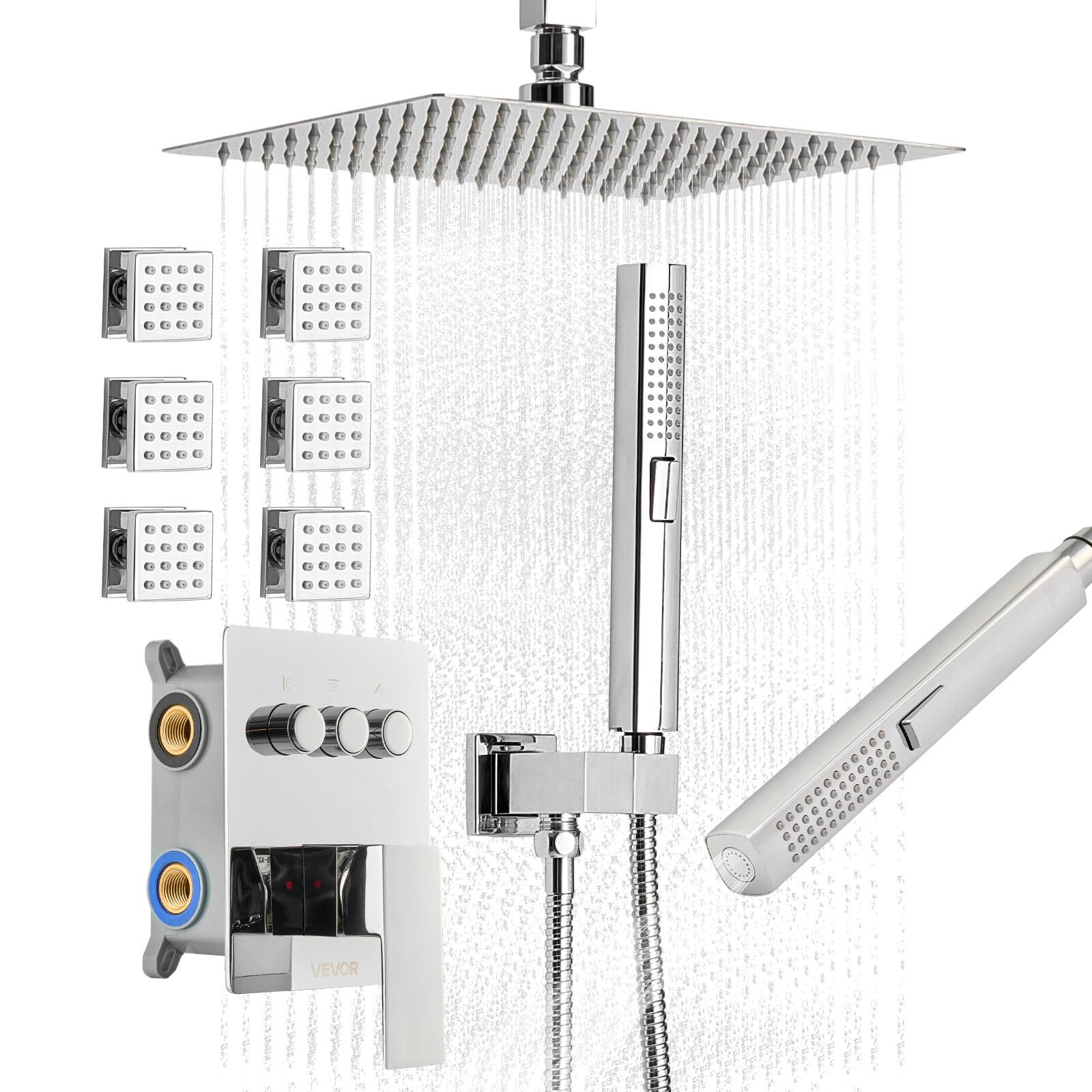VEVOR - Shower Faucet Set, 10 Inch Ceiling Mount Rainfall Shower System with 6 Body Jets and 2 in 1 Handheld Spray - Chrome