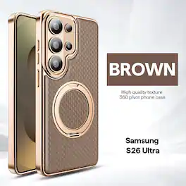Dteck - Shockproof Magnetic Case for Samsung Galaxy S26 Ultra with 360 Rotating Ring Stand, Electroplated Frame Protective Cover - Brown