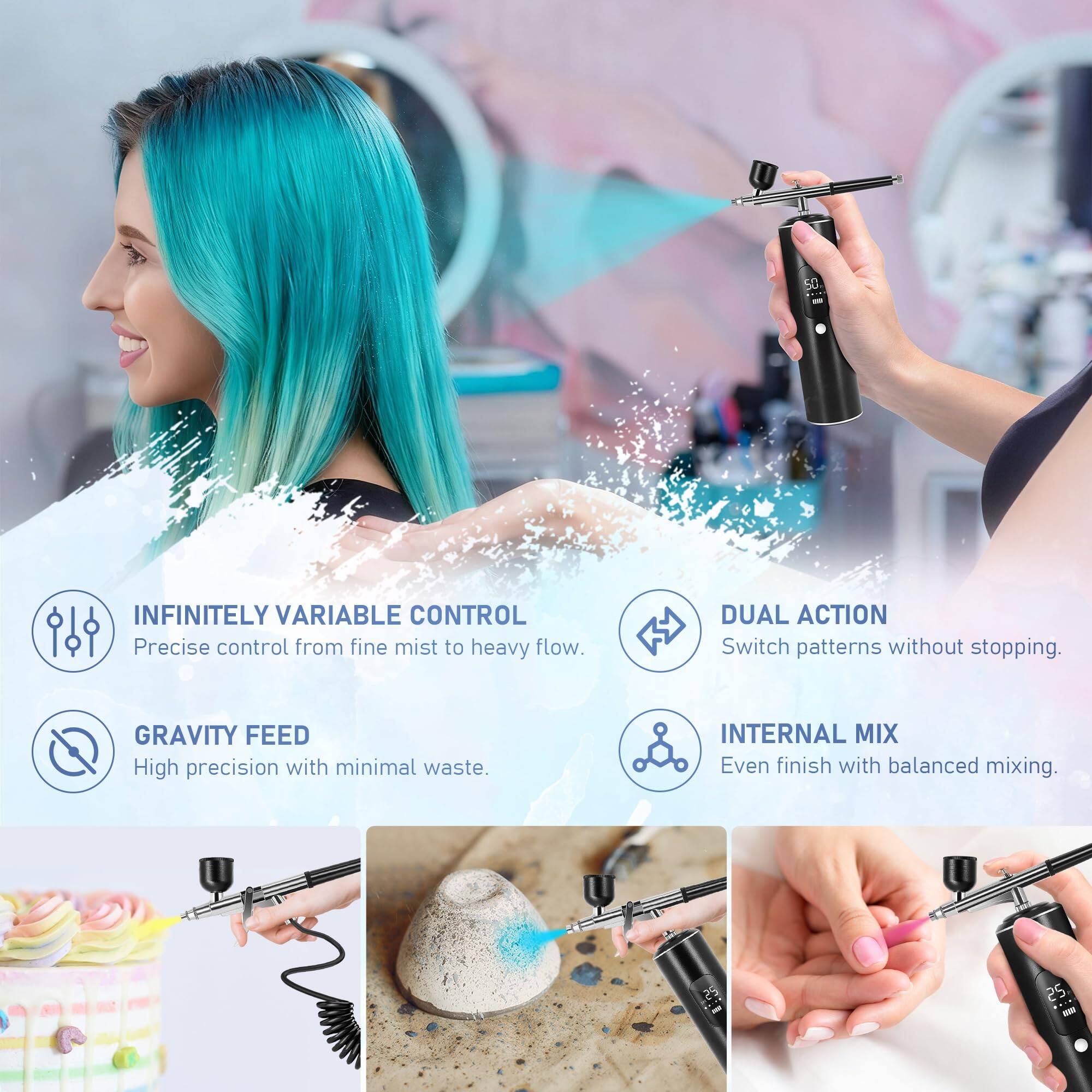 - **INFINITELY VARIABLE CONTROL**  
  Precise control from fine mist to heavy flow.

- **GRAVITY FEED**  
  High precision with minimal waste.

- **DUAL ACTION**  
  Switch patterns without stopping.

- **INTERNAL MIX**  
  Even finish with balanced mixing.