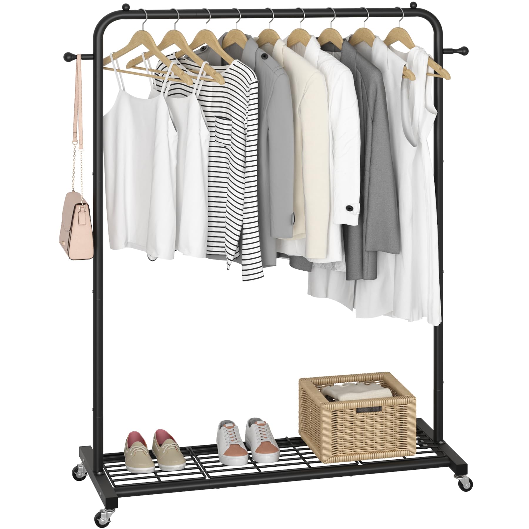 Front. Hirose Alice - Sywhitta Clothes Rack on wheels  Clothing Rack with Bottom Mesh Storage Shelf Sturdy Metal Frame Rolling - Black.