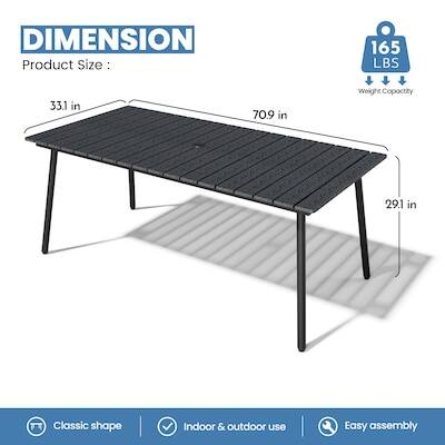 DIMENSION  
Product Size: 165 LBS, 33.1 in, 70.9 in, 29.1 in  
Weight Capacity: 165 LBS  
Classic shape  
Indoor & outdoor use  
Easy assembly