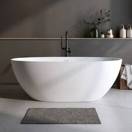 Loheer - Solid Surface Freestanding Bathtub, Oval Stone Resin Soaking Tub with Overflow and Pop Up Drain - Matte White