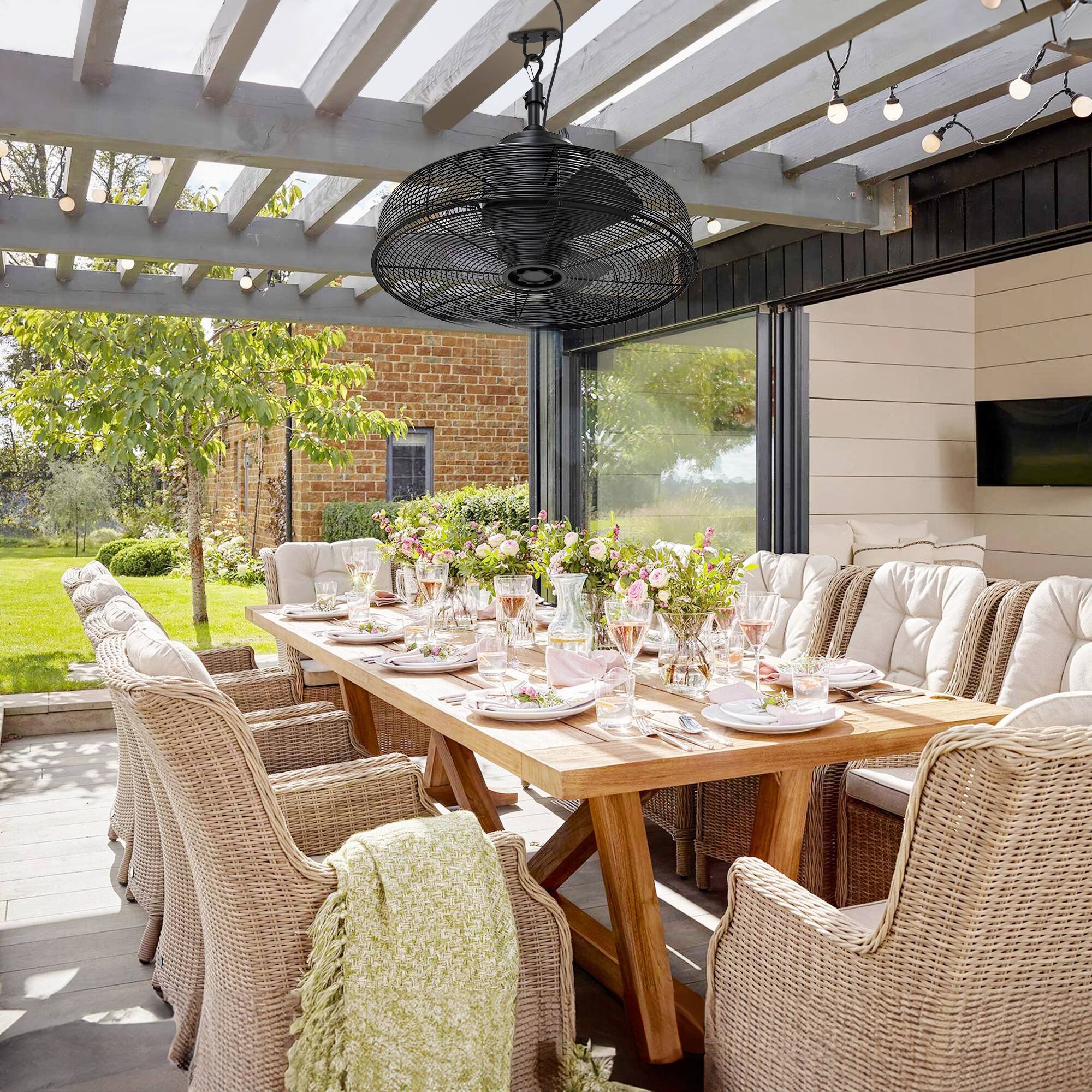 Alt View 2. Breezary - 20" Outdoor Cage Waterproof Plug-in Gazebo Ceiling Fan with 3 ABS Blades, No-Light, Cord Hook-Mounted, AC Motor - Matte Black.