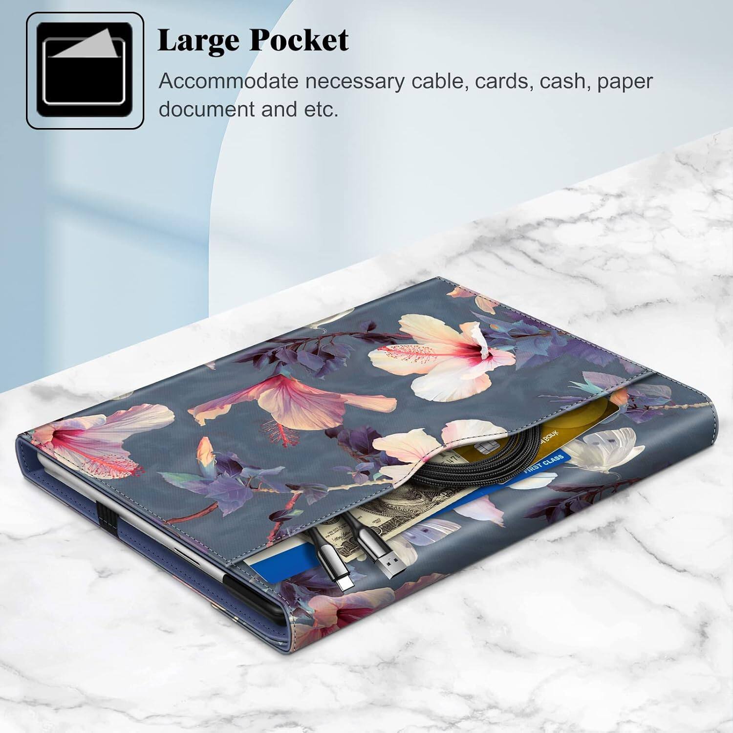 Large Pocket  
Accommodate necessary cable, cards, cash, paper document and etc.