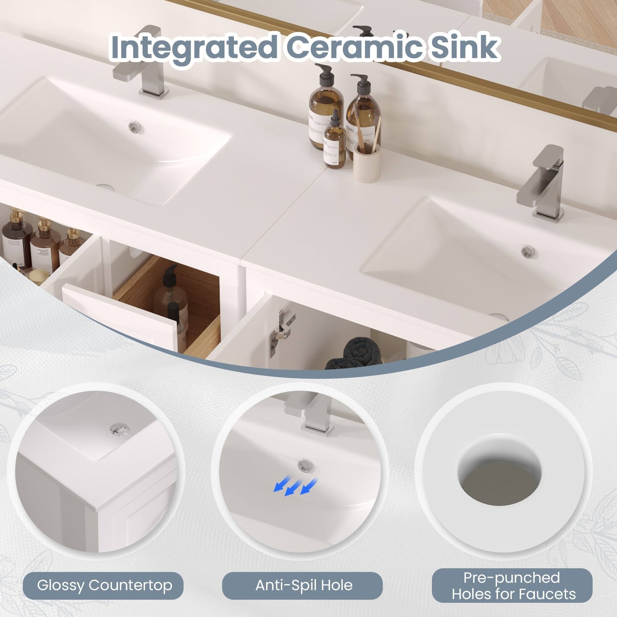 Integrated Ceramic Sink

- Glossy Countertop
- Anti-Spill Hole
- Pre-punched Holes for Faucets