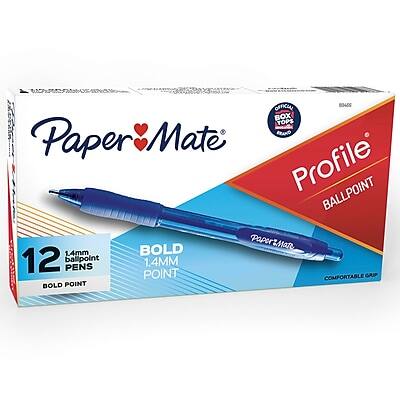 Paper Mate Profile Ballpoint  
12 Ballpoint Pens  
Bold Point 1.4mm  
Comfortable Grip Cap  
Official 00456 Box Tops