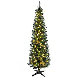 Homcom - Pre-Lit Slim Noble Fir Artificial Pencil Christmas Tree, Realistic Branches, 110 Warm White LEDs - Green