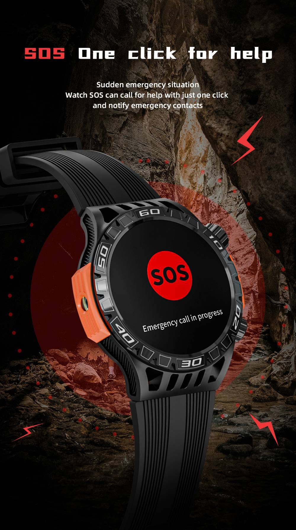SOS One click for help  
Sudden emergency situation  
Watch SOS can call for help with just one click and notify emergency contacts  

60  
SOS  
Emergency call in progress  
20  
30