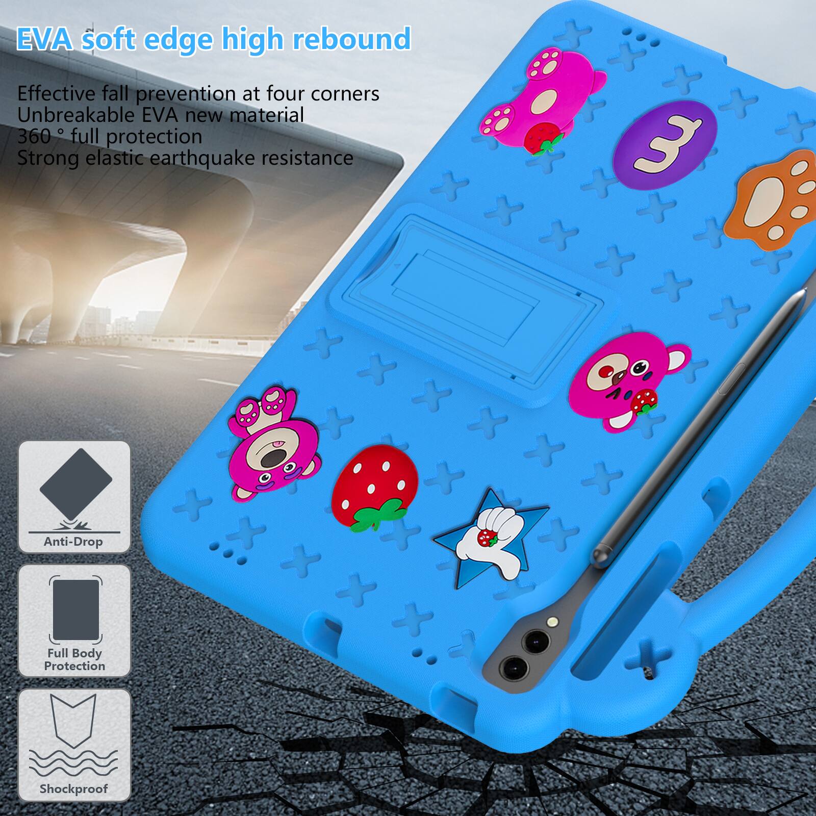 EVA soft edge high rebound  
Effective fall prevention at four corners  
Unbreakable EVA new material  
360° full protection  
Strong elastic earthquake resistance  
3 Anti-Drop Full Body Protection Shockproof