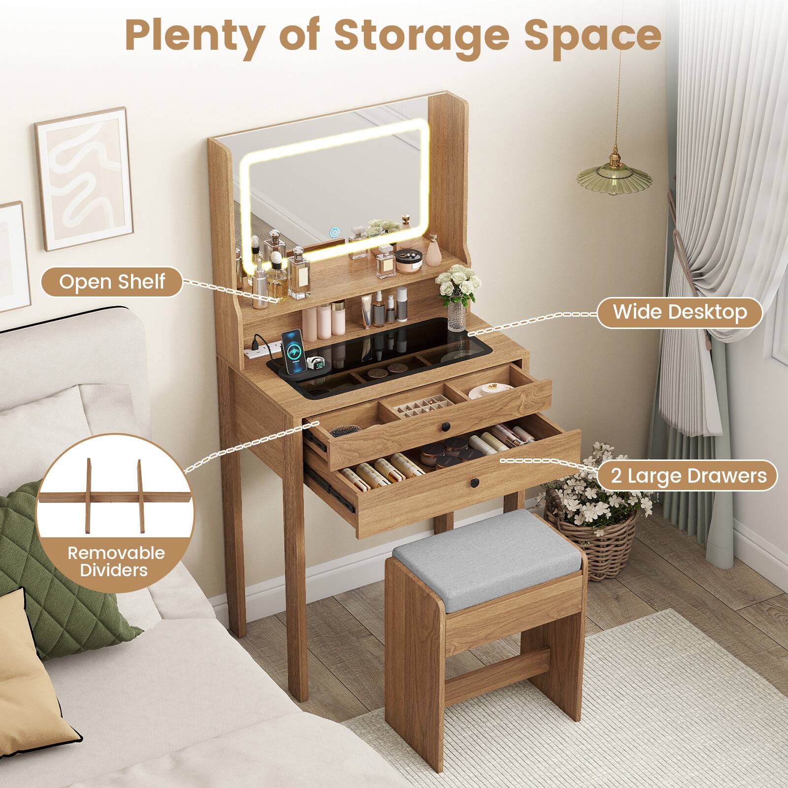 Plenty of Storage Space

- Open Shelf
- Wide Desktop
- 2 Large Drawers
- Removable Dividers