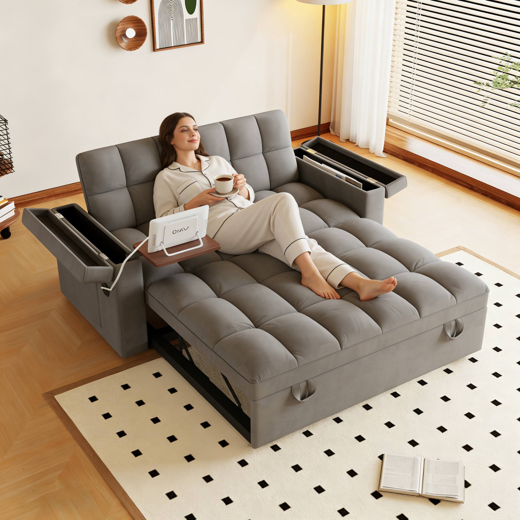 Angle. Anysun - 65" Velvet Sofa Bed - 3-in-1 Foldable Design, Adjustable Back, USB & Storage Armrests with Table Board - Light Gray.