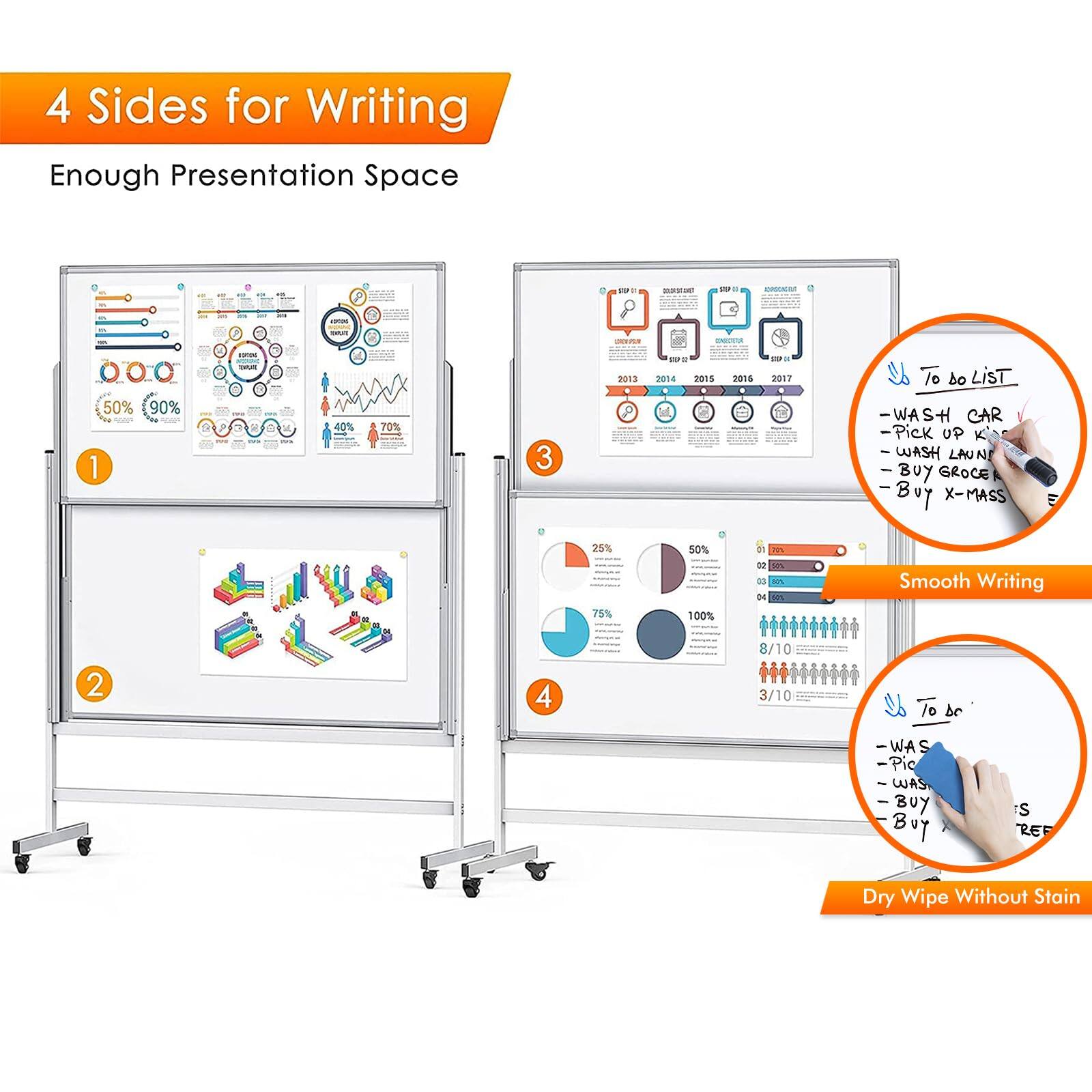 4 Sides for Writing  
Enough Presentation Space  

50% 90%  
40% 70%  
25% 75% 50% 100%  

2013 2014 2015 2016 2017  

- WASH CAR  
- PICK UP K  
- WASH LAUN  
- BUY GROC  
- BUY X-MASS  

Smooth Writing  

8/10  
3/10  

Dry Wipe Without Stain