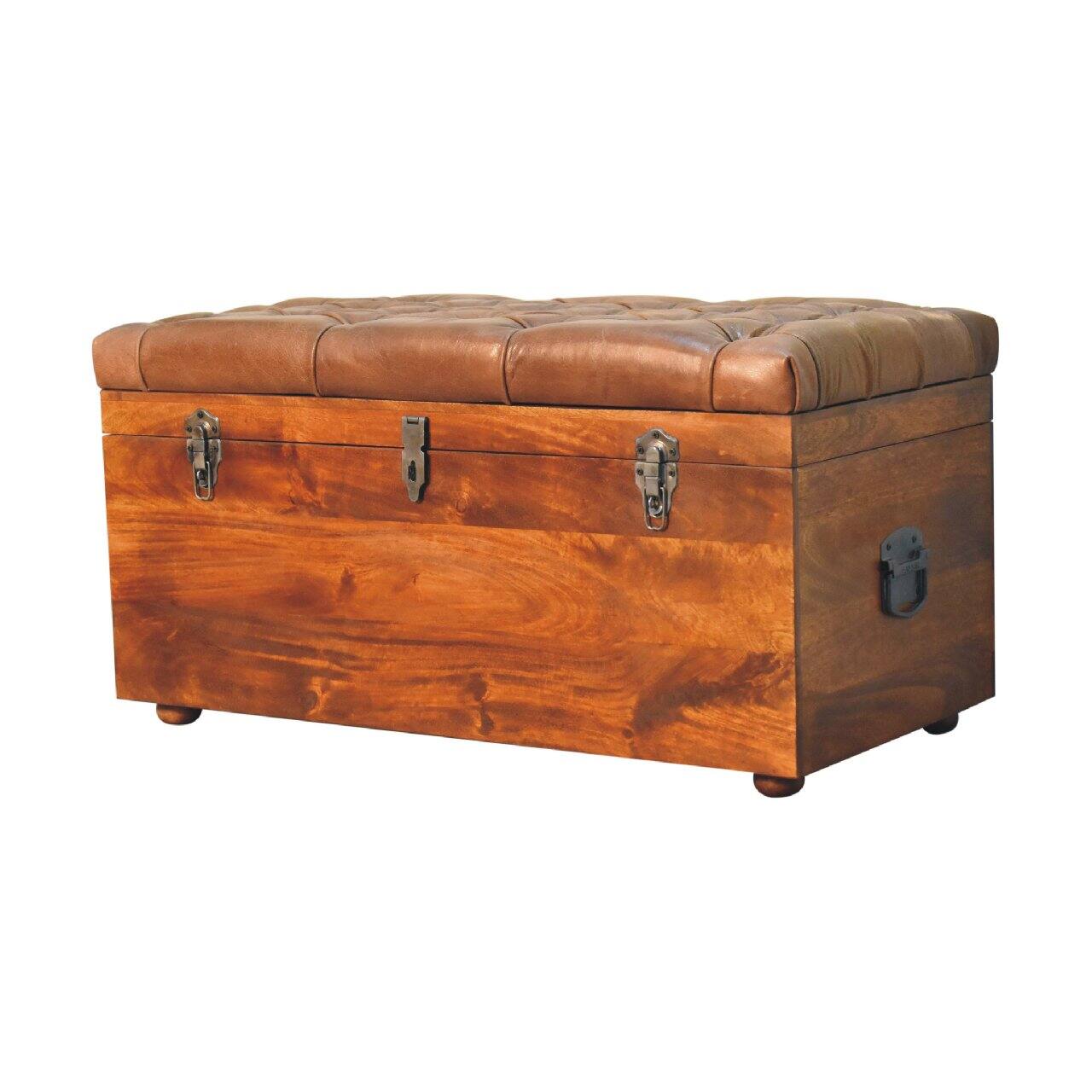 Left. Artisan Furniture - Artisan Furniture Solid Wood Buffalo Hide Chestnut Storage Trunk, Upholstered, Dark Brown - Dark Brown.