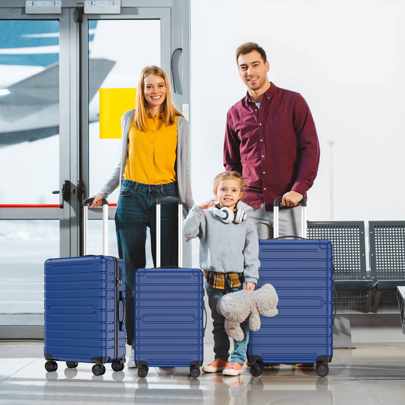 Alt View 5. Sugift - 3-Piece Hardshell Luggage Sets Checked Spinner PC & ABS Suitcase Set with YKK Zipper & TSA Lock,20in/24in/28in - Navy Blue.