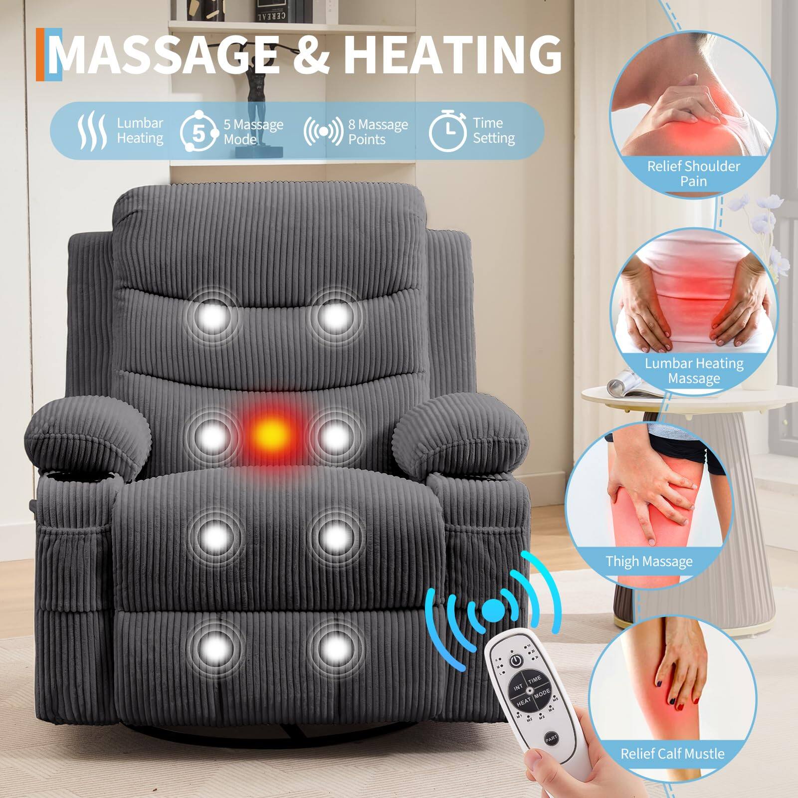 MASSAGE & HEATING

- Lumbar Heating
- 5 Massage Mode
- 8 Massage Points
- Time Setting

Relief Shoulder Pain
Lumbar Heating Massage
Thigh Massage
Relief Calf Muscle