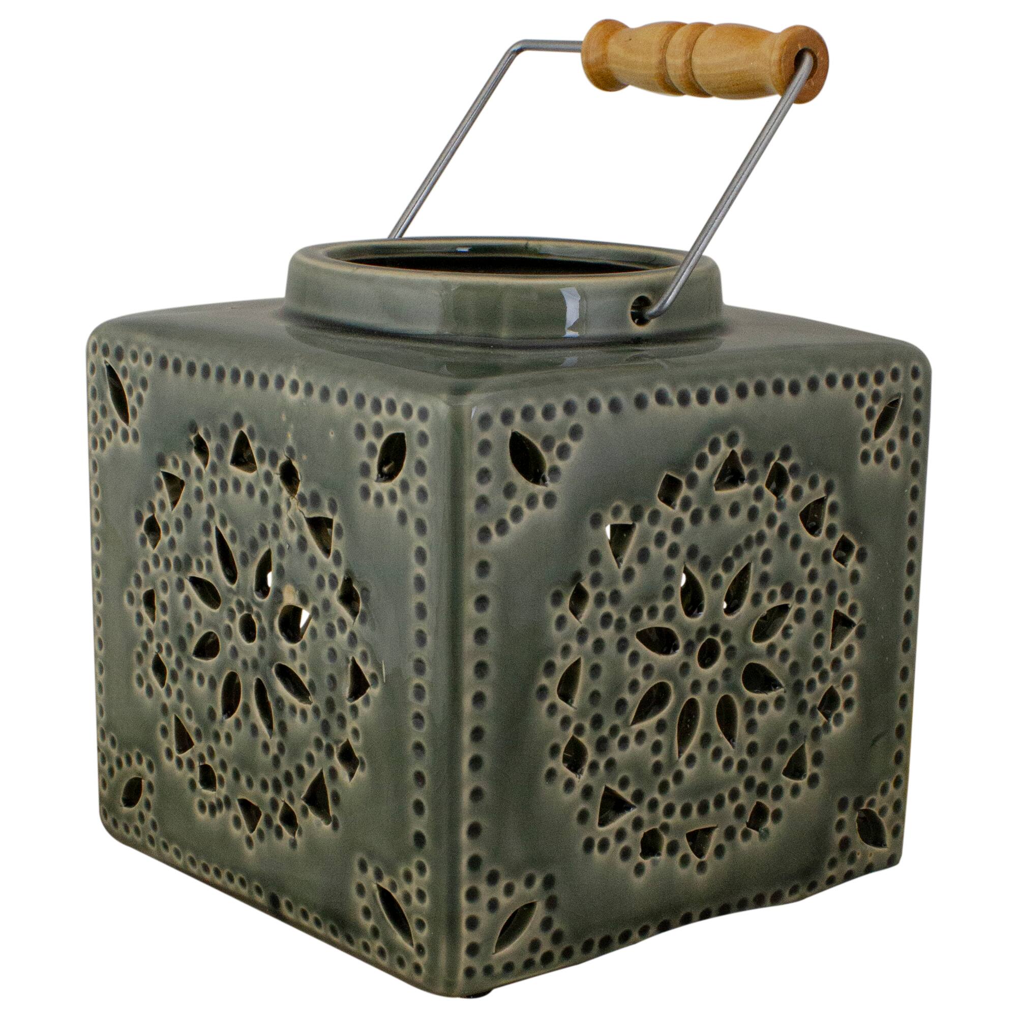 Front. Koopman International - 6.75" Dark Olive Green Square Crackle Finish Mosaic Cut Out Candle Lantern - Green.