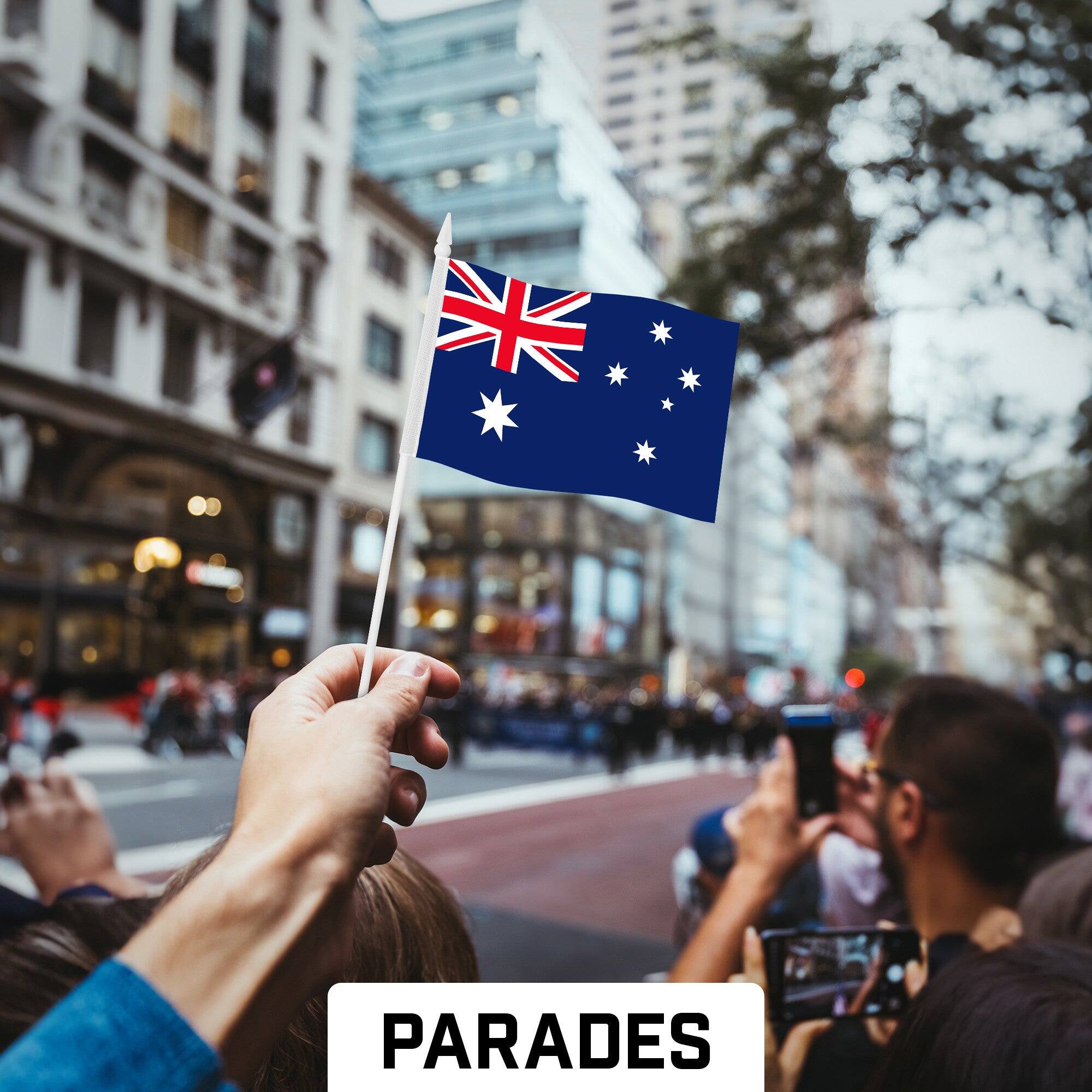 Back. G128 - 50-Pack Handheld Australian Flags, 4 x 6 in, 150D Polyester on Plastic Stick with Spear Tip - Assorted Colors.