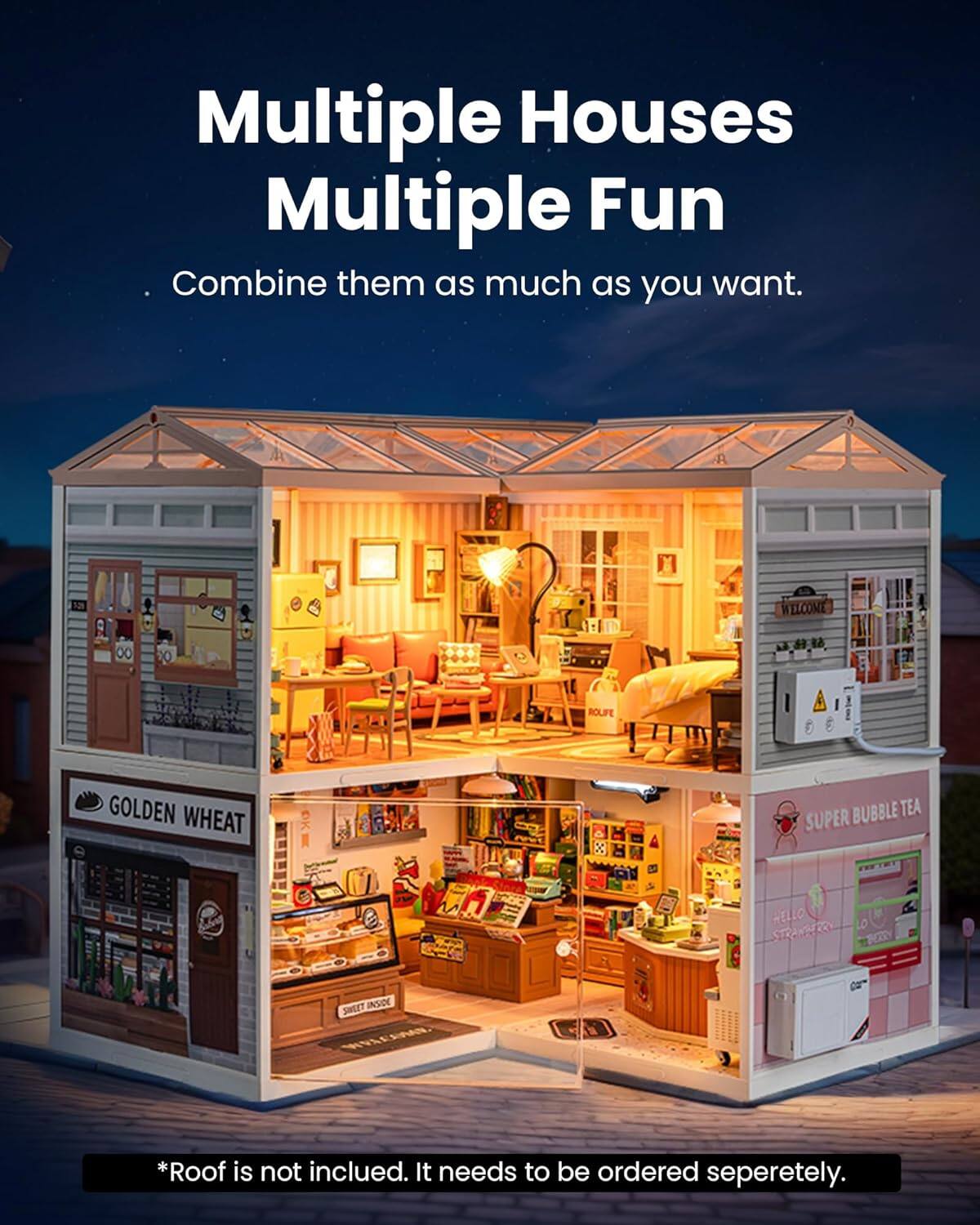 Multiple Houses Multiple Fun  
Combine them as much as you want.  

WELCOME  
GOLDEN WHEAT  
BUBBLE TEA  
SUPER HELLO  

*Roof is not included. It needs to be ordered separately.