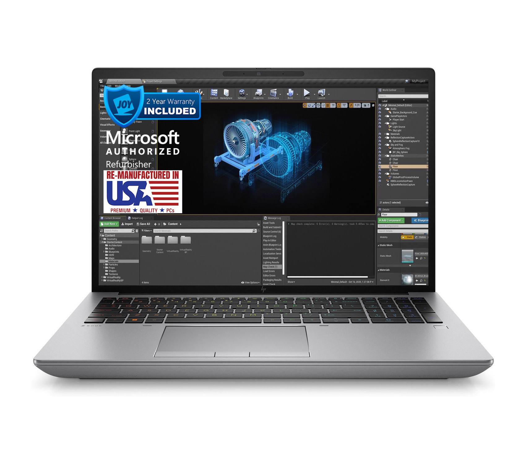 Sure, here is the corrected and grouped text from the image:

---

**JOY**  
2 Year Warranty INCLUDED

**Microsoft AUTHORIZED**  
Refurbisher

**RE-MANUFACTURED IN USA**  
PREMIUM QUALITY PCs

---

This text is part of a promotional or informational display on the laptop screen.