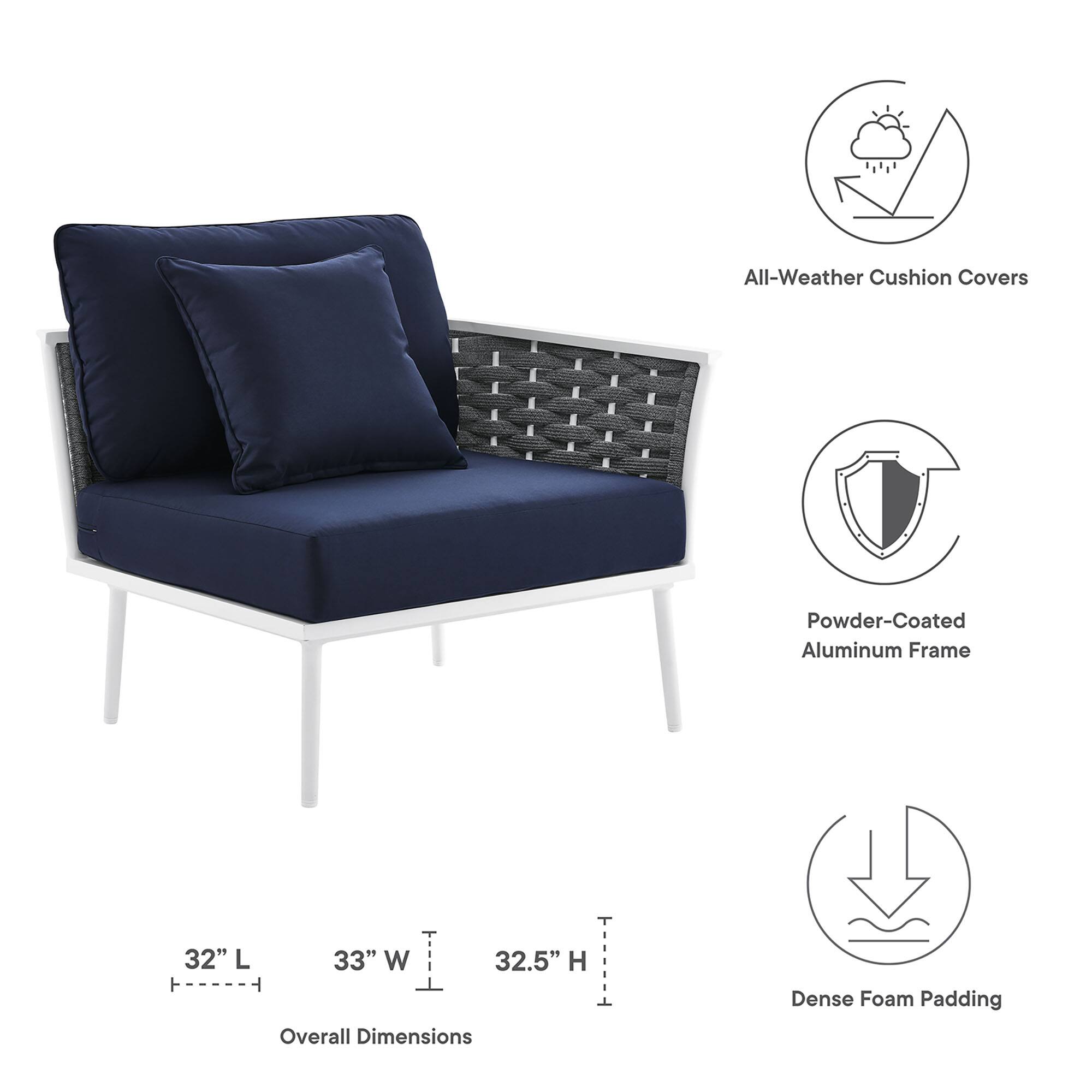 All-Weather Cushion Covers  
Powder-Coated Aluminum Frame  
32" L x 33" W x 32.5" H  
Overall Dimensions  
Dense Foam Padding