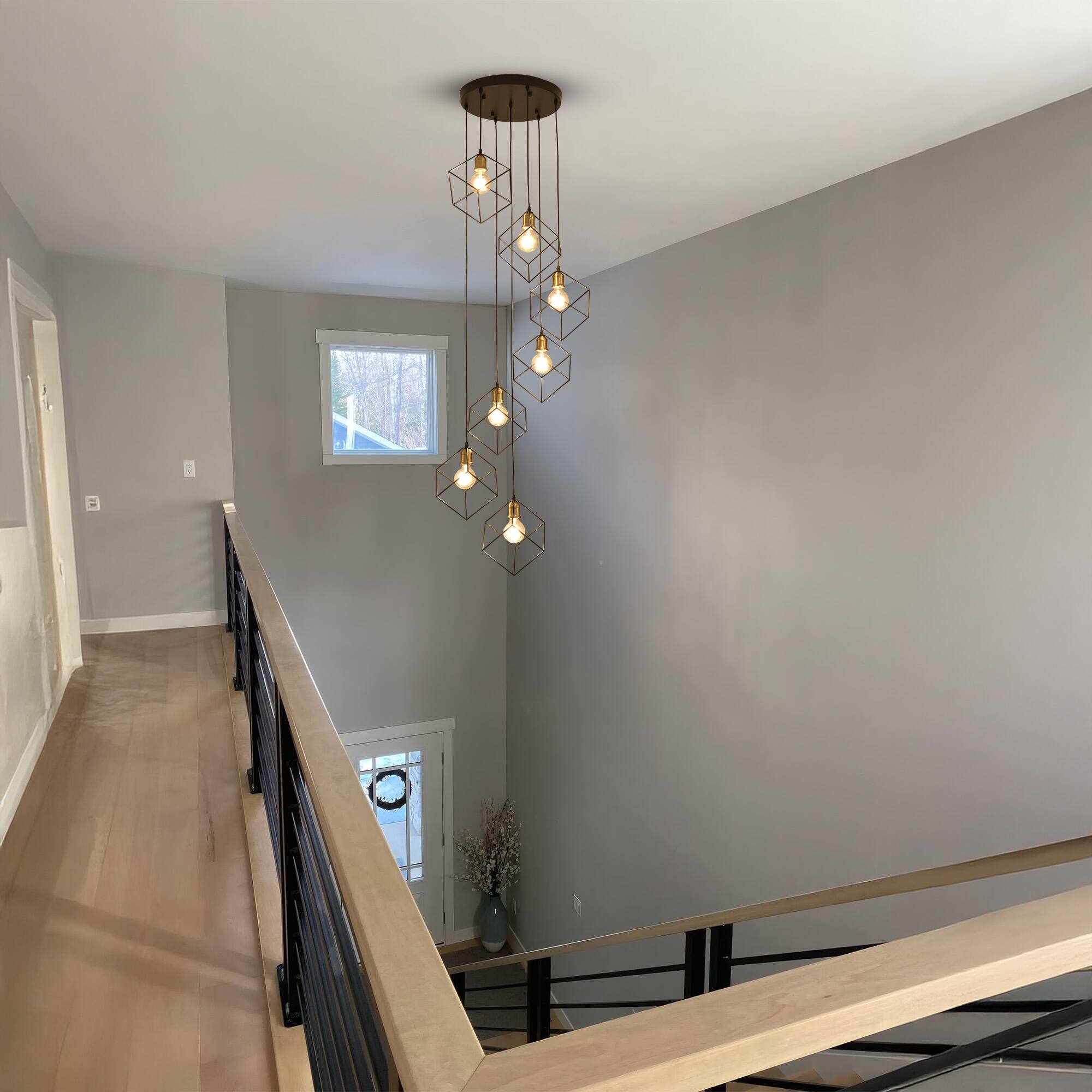 Back. RYHNUYNE - 7-Light Modern Foyer Chandelier,Black Long Pendant Light Fixture for High Ceilings Entryway,Large Staircase Chandeliers - Black.