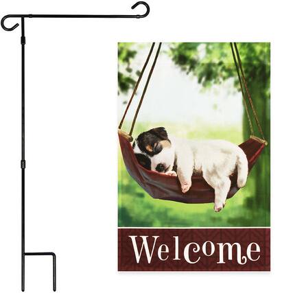 Front. G128 - Garden Flag Stand 36 x 16 in with 12 x 18 in Welcome Sleeping Puppy Flag. - Assorted Colors.