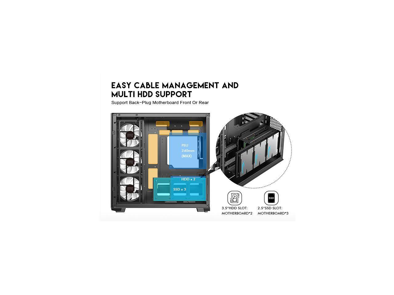 EASY CABLE MANAGEMENT AND MULTI HDD SUPPORT  
Support Back-Plug Motherboard Front Or Rear  
PSU: 240mm (MAX)  
HDD x 2  
SSD x 3  
3.5" HDD SLOT: MOTHERBOARD*2  
2.5" SSD SLOT: MOTHERBOARD*3