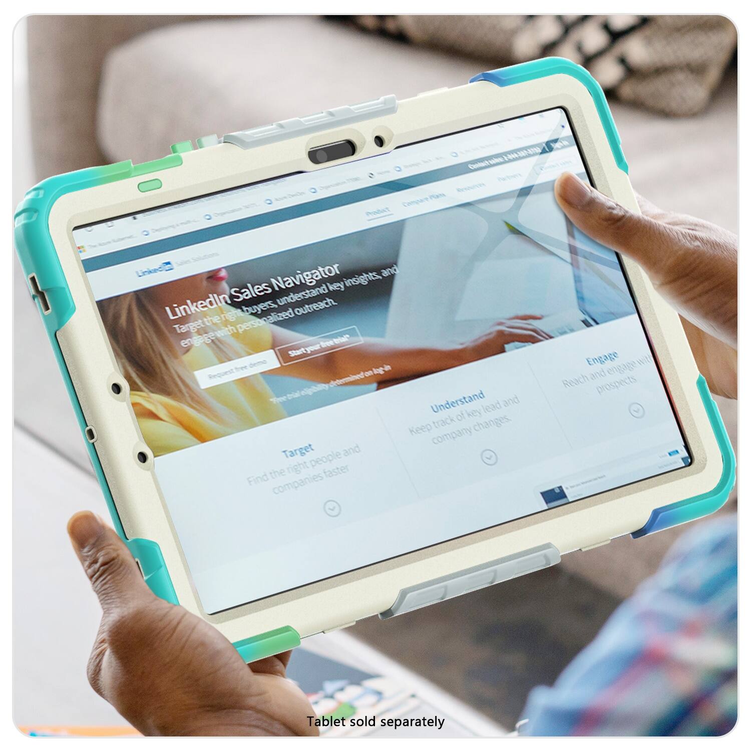 LinkedIn Sales Navigator is a product that helps sales professionals navigate and understand their target audience. It provides key insights and enables them to reach the right people with the right message at the right time. By using this tool, sales professionals can find the right companies and engage with prospects more effectively. The tablet shown in the image is sold separately.