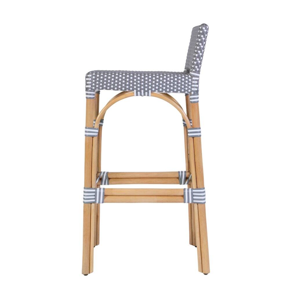 Left. Butler Specialty - Serienna 30 in. Seat Height Rattan Low Back Bar Stool - Gray And White Dot.