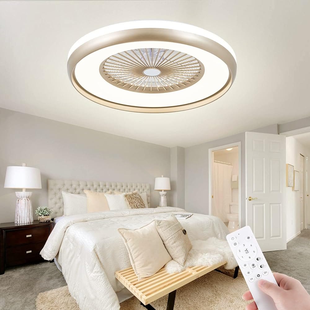 Front. Domanki - 24" Low Profile Ceiling Fan with 3-Dimmable Light, Bladeless Ceiling Fan with Remote/APP Control, for Kids Bedroom - Gold.