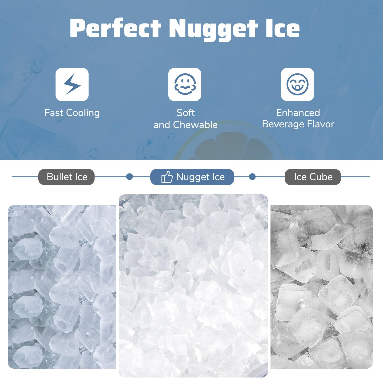Perfect Nugget Ice

- Fast Cooling
- Soft and Chewable
- Enhanced Beverage Flavor

Bullet Ice | Nugget Ice | Ice Cube