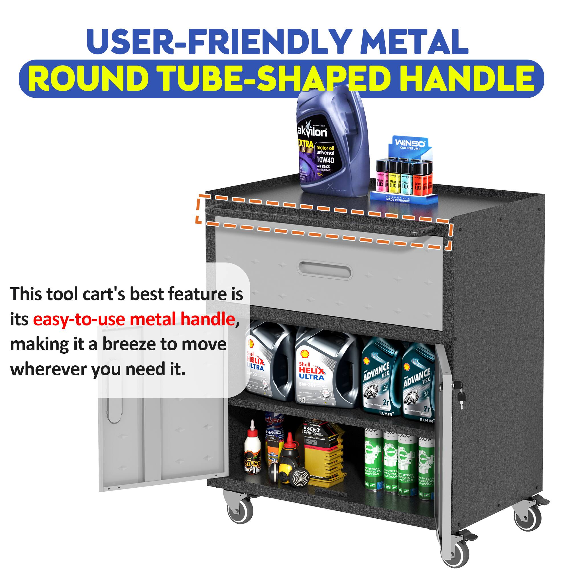 USER-FRIENDLY METAL ROUND TUBE-SHAPED HANDLE

This tool cart's best feature is its easy-to-use metal handle, making it a breeze to move wherever you need it.