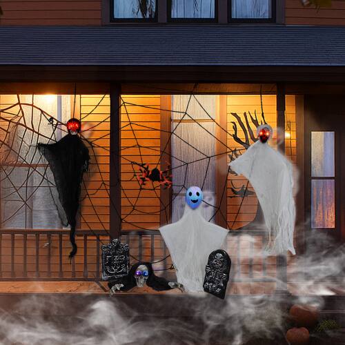 Alt View 8. Winado - Halloween Scray Hanging Skeleton Ghosts, Spider Web, Tombstone 8PCS Decoration for In/Outdoor Patio Garden Haunted House - White & Black.