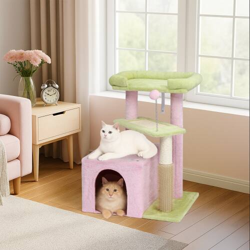 Alt View 5. Winado - 27inch Small Cat Tower with Scratching Post, Ball, Cat Condo, Padded Top Bed for Indoor Kittens Cats Indoor Activity - Pink & Green.
