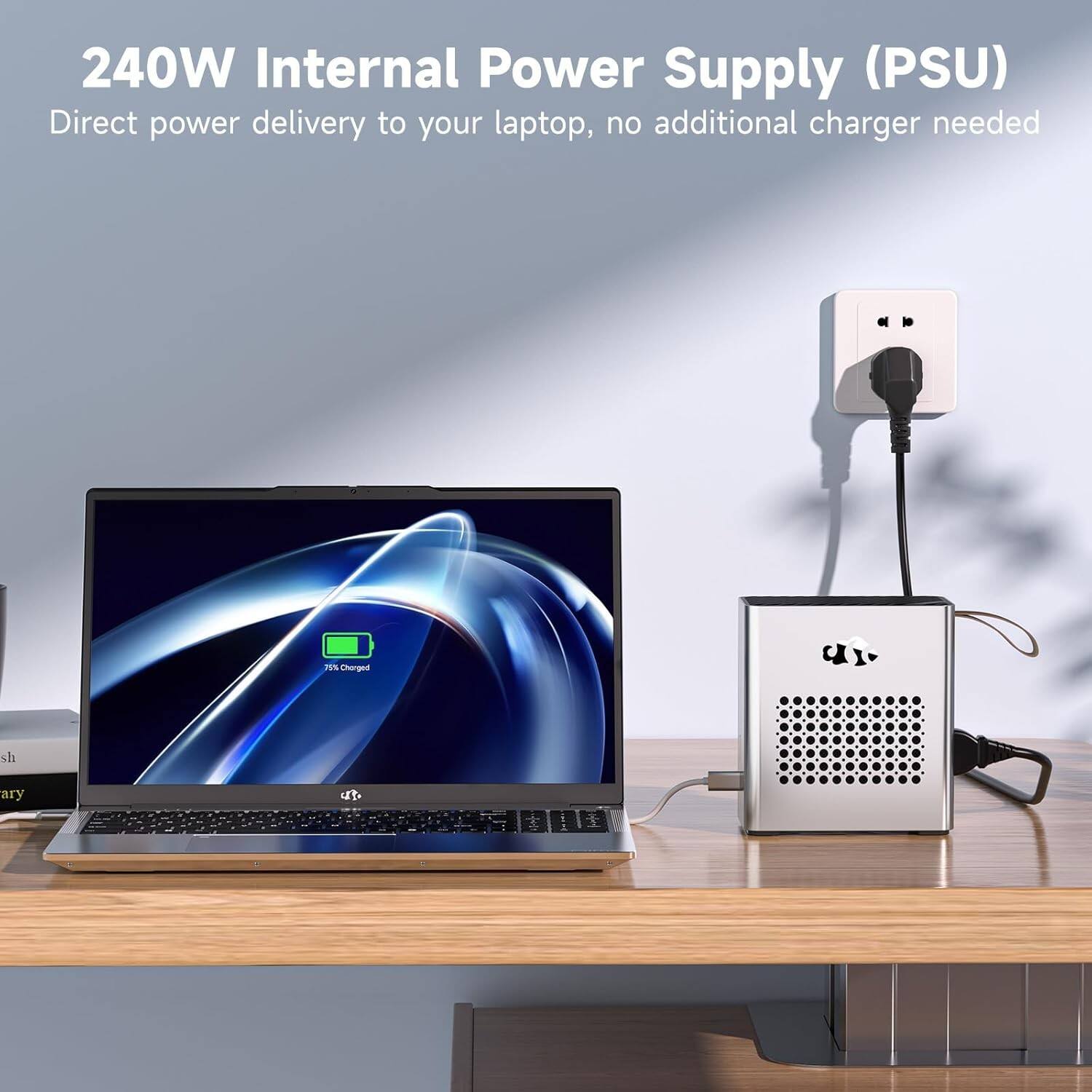240W Internal Power Supply (PSU)  
Direct power delivery to your laptop, no additional charger needed  

75% Charged