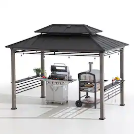 SUNJOY - 8x12 ft Extra-Tall Cedar Grill Gazebo with Larger Ventilated Roof, Solar Panel, & Shelves, Black - Aspen Cedar+DC Solar Power+Black