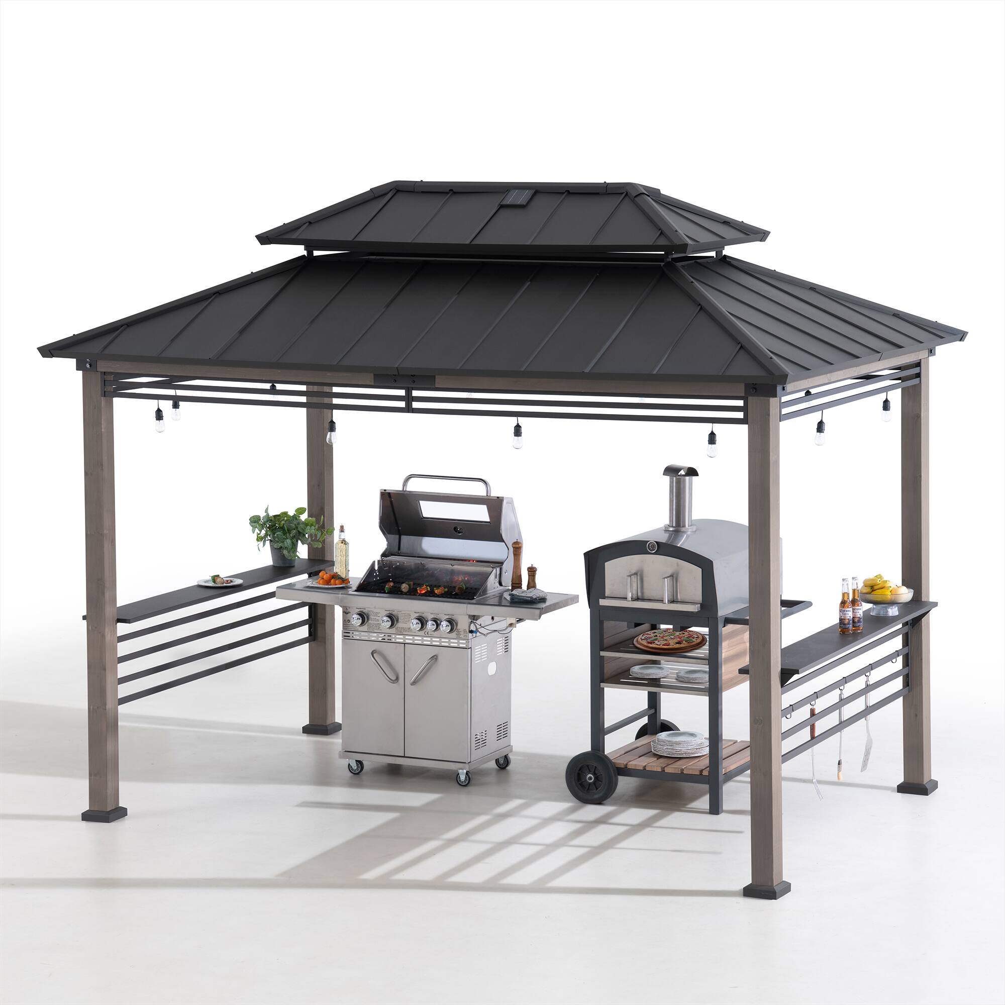 Front. SUNJOY - Sunjoy 8ft. x 12 ft. Aspen Cedar Framed Grill Gazebo with DC Solar Power Black - Aspen Cedar+DC Solar Power+Black.