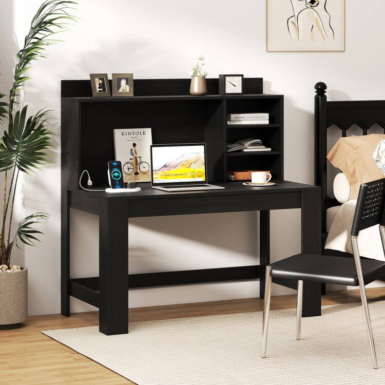 Left. SlickBlue - Modern Writing Desk with Hutch and Open Storage Shelves for Study Room - Black.