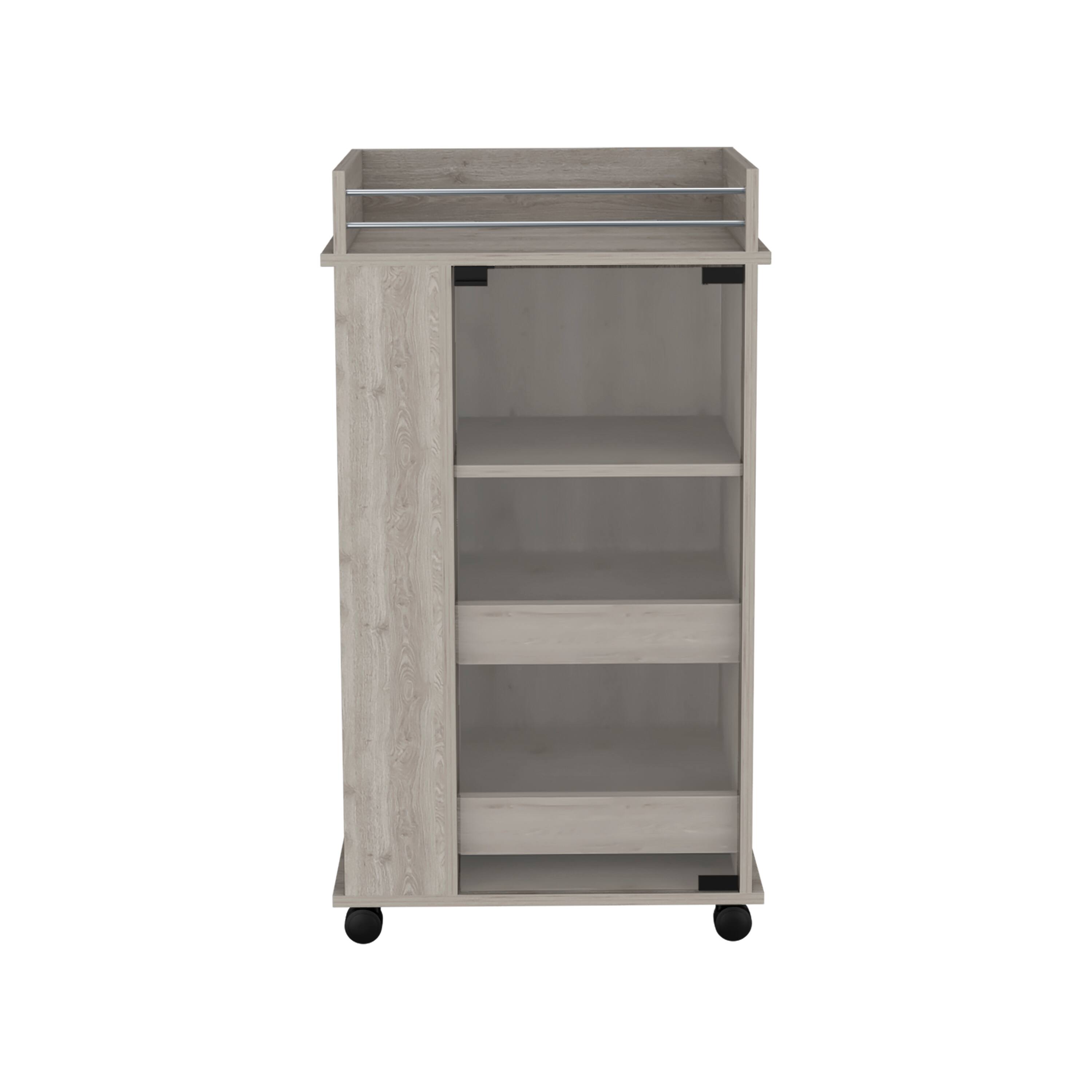 Alt View 3. TuHome - Baltimore Bar Cart with Casters, Glass Door, 2-Side Shelf, Living Room or Bar Room - Light Gray.