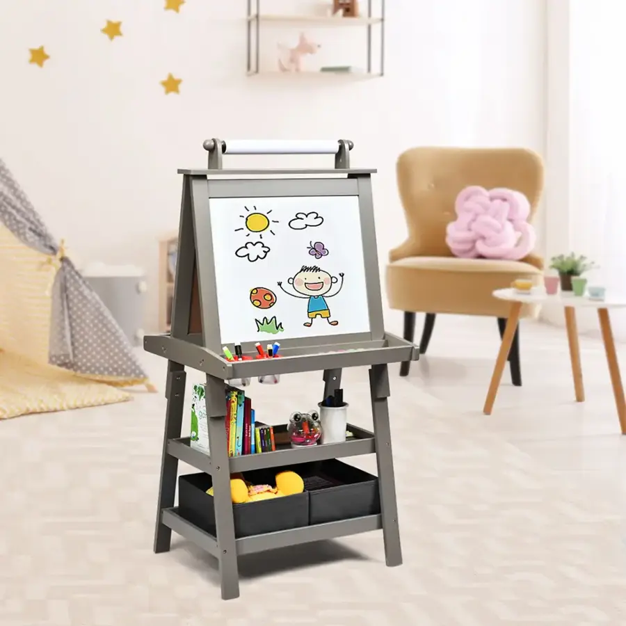 Alt View 19. Costway - 3 in 1 Double-Sided Wooden Kid's Art Easel Whiteboard Grey - Grey.