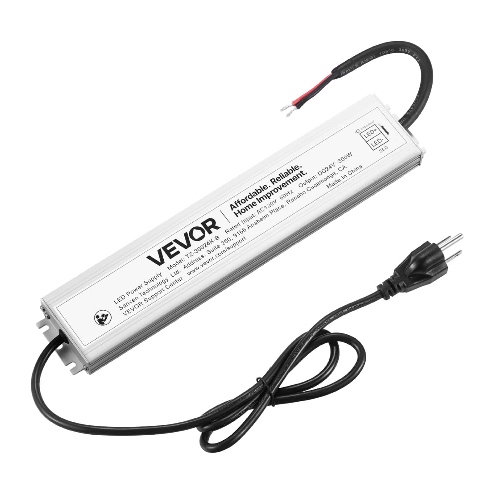 VEVOR - LED Driver 300 Watts, 24V DC, Waterproof IP67 Low Voltage Power Supply Transformer, AC to DC Converter with Plug - Silver