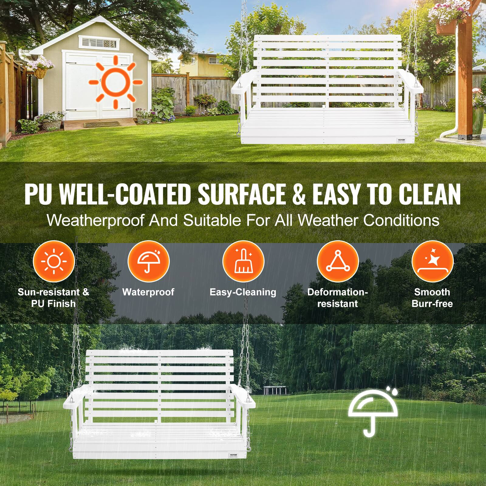 PU WELL-COATED SURFACE & EASY TO CLEAN

Weatherproof And Suitable For All Weather Conditions

- Sun-resistant & PU Finish
- Waterproof
- Easy-Cleaning
- Deformation-resistant
- Smooth
- Burr-free