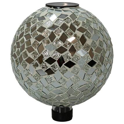 Front. Sunnydaze - Mosaic Gazing Ball with Solar Light - 10 in - Mirrored Diamond.