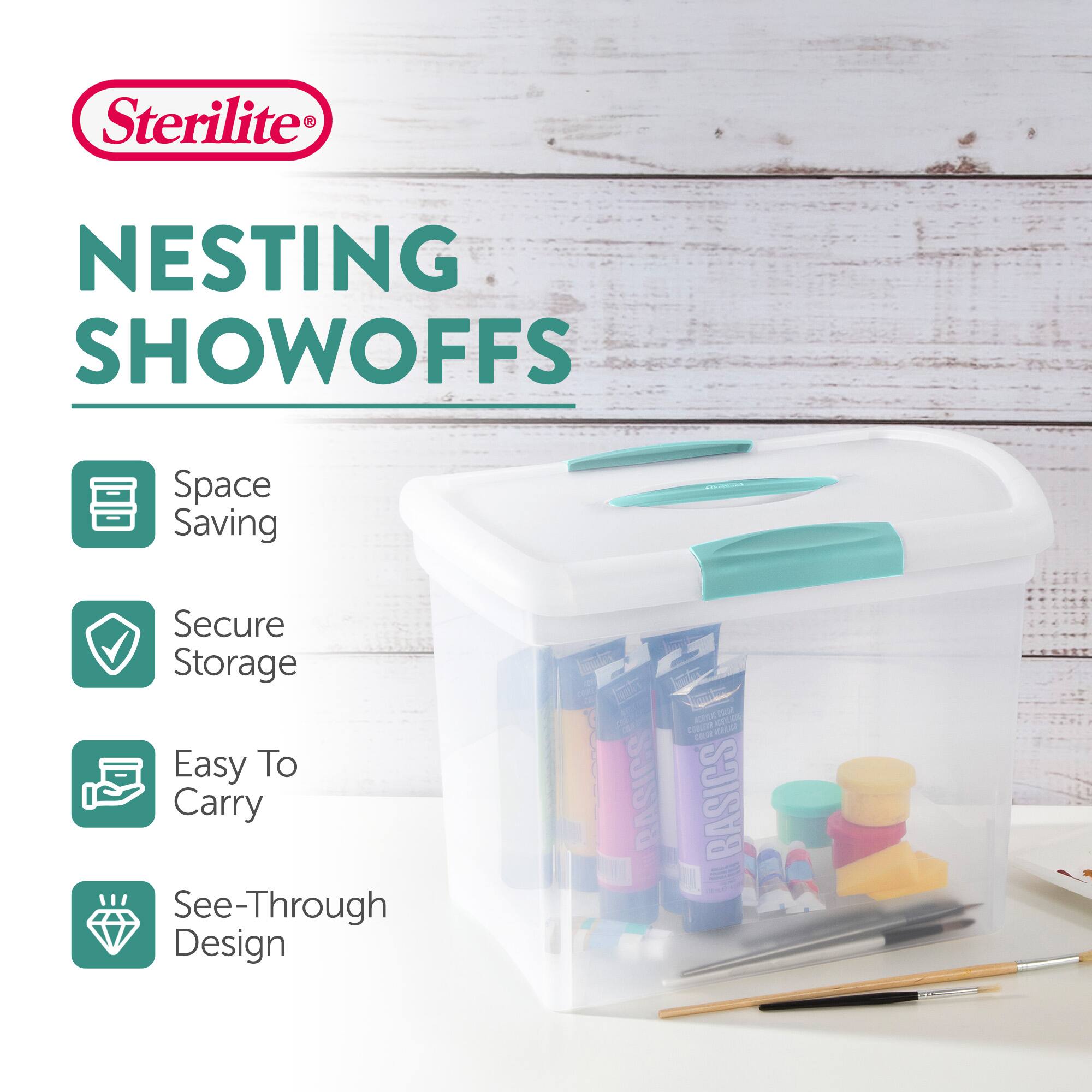 Sterilite®  
NESTING SHOWOFFS  

- Space Saving  
- Secure Storage  
- Easy To Carry  
- See-Through Design  

RASICS BASICS