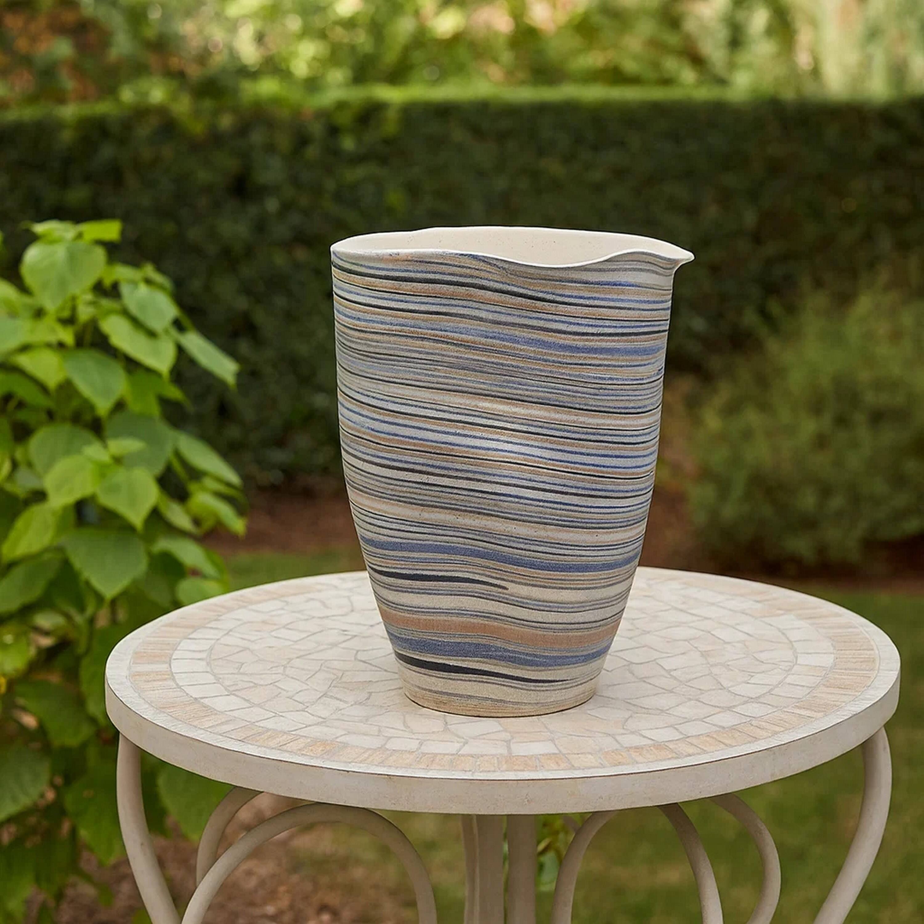 Alt View 2. Manhattan Lane - Kerya Decorative Vase, 13 Inch   Striped, Wavy Rim Porcelain - Blue, White.