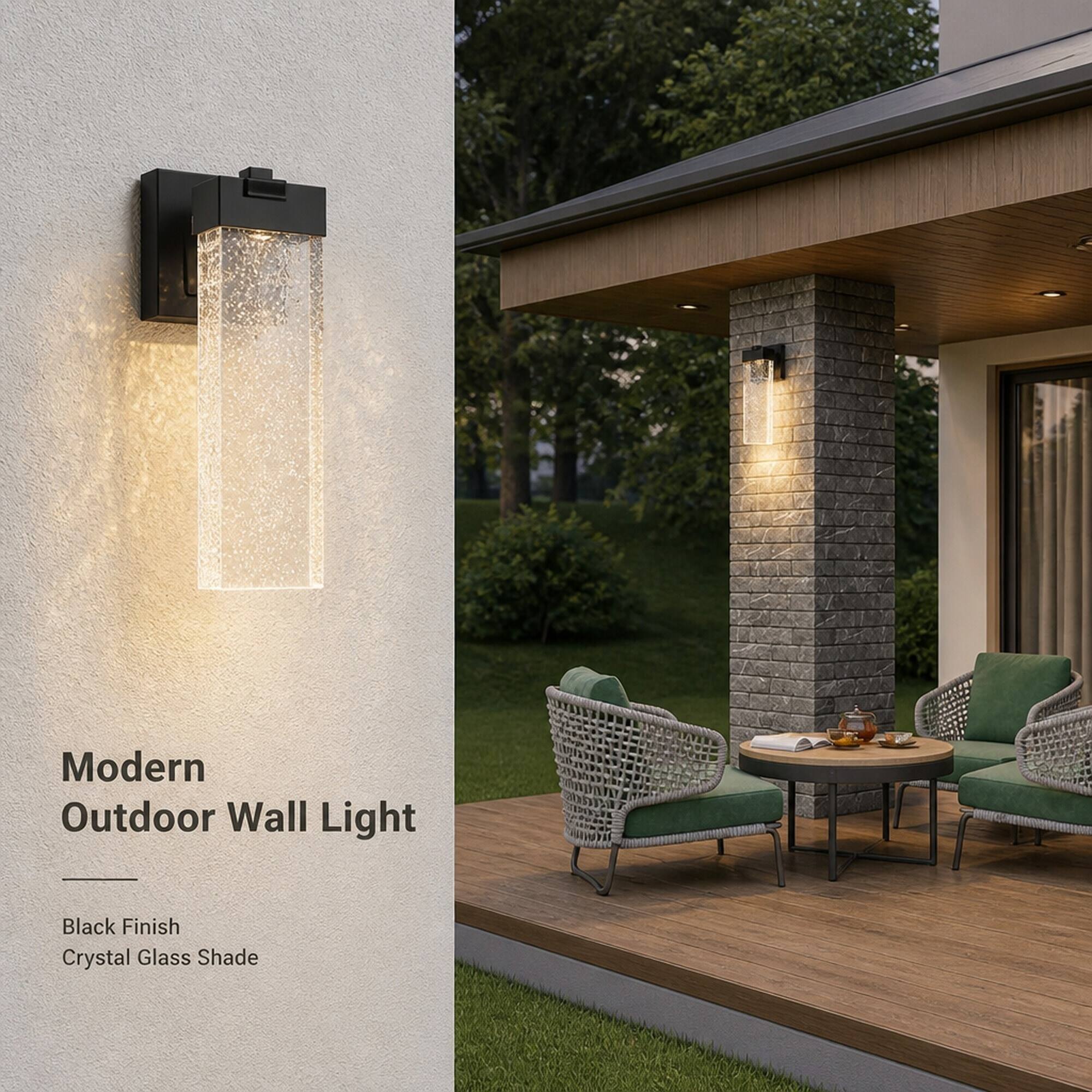 Modern Outdoor Wall Light  
Black Finish Crystal Glass Shade